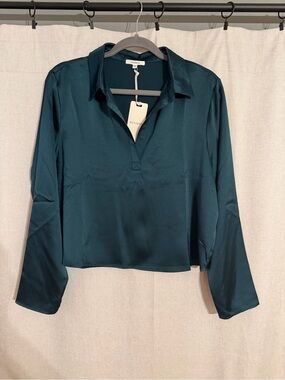 NWT Pleione Teal Satin V-Neck Long Sleeve Blouse